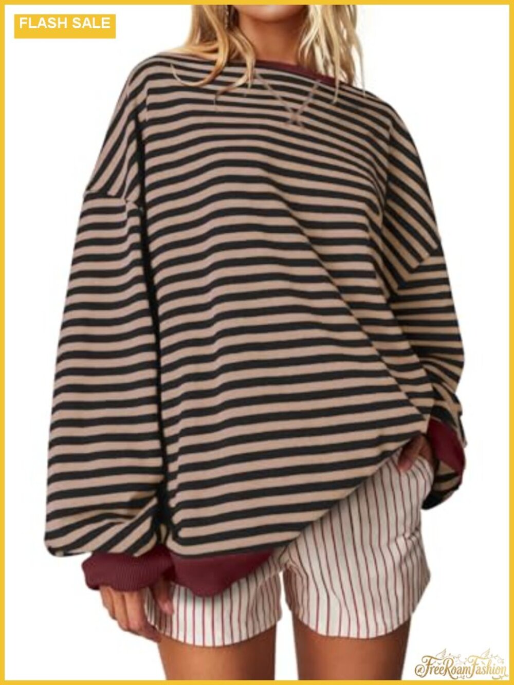 Oversized Striped Crewneck Sweatshirt Long Sleeve Casual Pullover